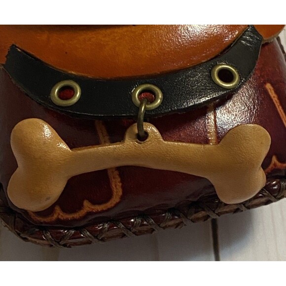 Hand Made Embossed Leather Brown Dog Coin Purse Bull Dog Lover Bone Wristlet - Picture 4 of 16